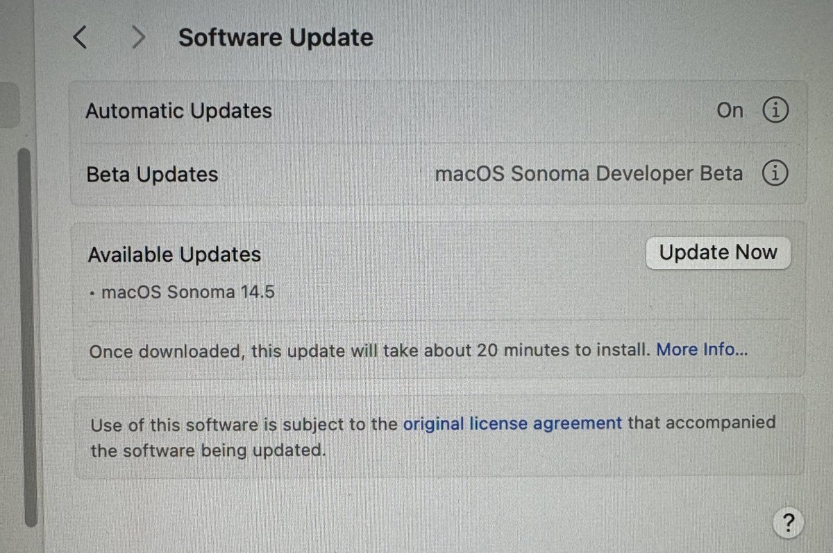 تم اطلاق اخر اصدار تجريبي لنظام ماك سونوما 14.5 للمطورين وشرواهم ، وباذن الله الاسبوع القادم التحديثات الرسمية للايفون والايباد والساعة 
iOS 17.5
iPadOS 17.5
WatchOS 10.5