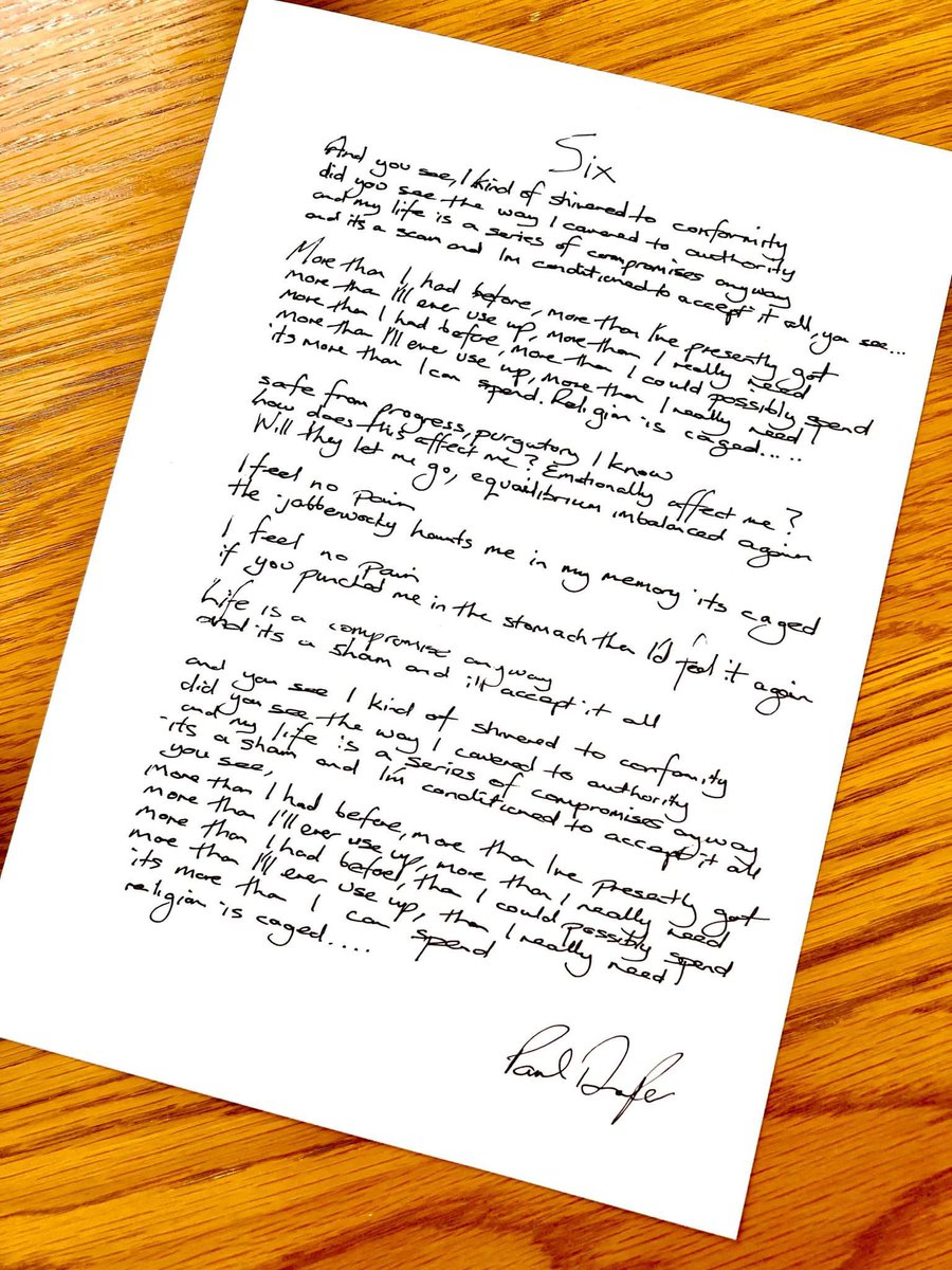 Now we've got our breath back after the amazing Six gigs, a number of fans asked if it is possible for Paul to do a sheet of handwritten lyrics for them, as a memento of the tour. 
Email any requests to pauldrapermerch@gmail.com. 
The cost will be £50 + postage & packaging. DMx