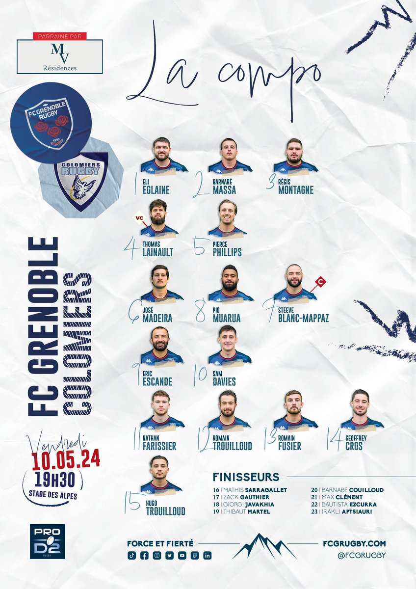 🏟️ La compo’ de nos Rouge & Bleu pour la réception de Colomiers 🔥

➡️ en fin de match, ne partez pas tout de suite ! restez en tribunes pour la cérémonie d’au revoir à nos joueurs partants,  qui se déroulera sur le terrain 🫶

#FCGCR #AllezFCG  🔴🔵