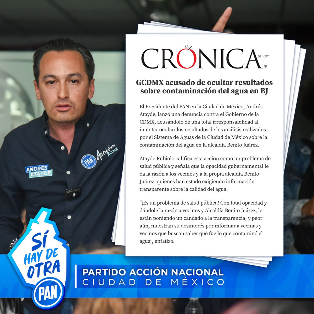 PAN_CDMX's tweet photo. GCDMX acusado de ocultar resultados sobre contaminación del agua en BJ

@AAtaydeR califica esta acción como un problema de salud pública y señala que la opacidad gubernamental le da la razón a los vecinos y a la propia Benito Juárez

Vía: @LaCronicaDeHoy. #SíHayDeOtra #ElCambioViene