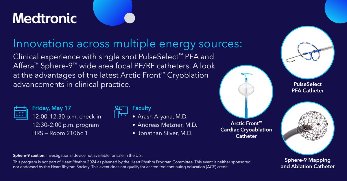 Don't miss our lunch symposium at HRS where we will discuss clinical experience with single shot PulseSelect™ PFA and Affera™ Sphere-9™ wide area focal PF/RF catheters with Drs. Arash Aryana, Andreas Metzner, and Jonathan Silver. #epeeps

Learn more: bit.ly/3QEcNs7