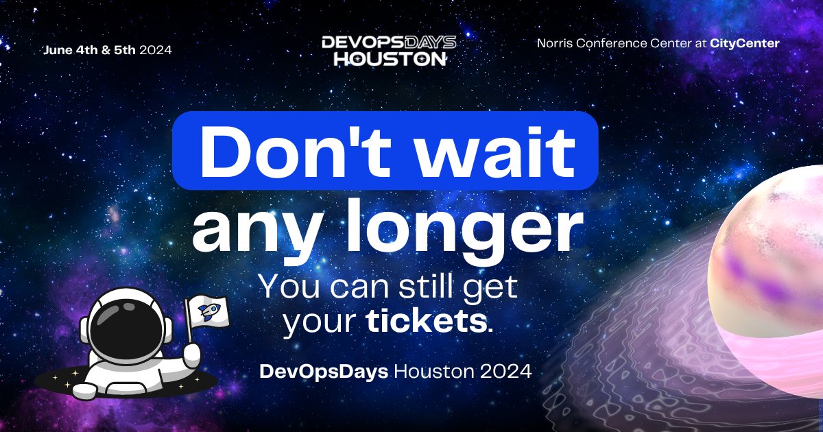 Time is running out for DevOps Days 2024, so don't wait any longer to reserve your spot and get your tickets! Click here: tickets.devopsdays.org/devopsdays-hou…

#DevOpsDays2024 #ReserveYourSpot #GetYourTickets #TechEvent