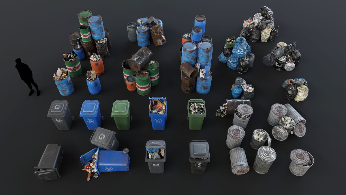 This 3d asset kit is a photorealistic package of trash, garbage and rubble with over 700 different props. From rubble and old cans to large heaps of garbage and old barrels there is something in for every purpose, even foliage. blendermarket.com/products/trash…