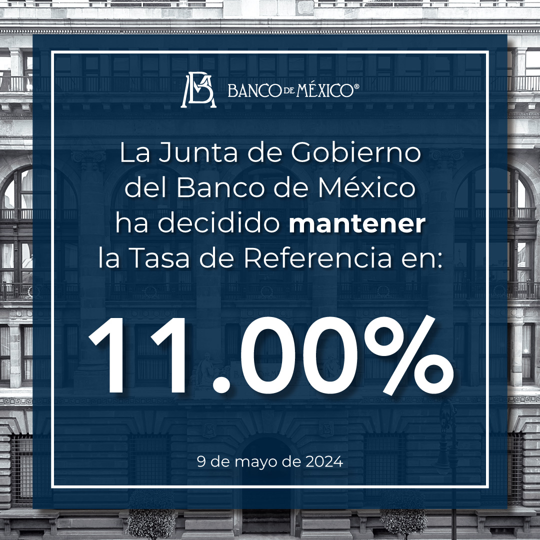 Con la presencia de todos sus miembros, la Junta de Gobierno del #BancodeMéxico decidió por unanimidad conservar la Tasa de Interés Interbancaria a 1 día, a un nivel de 11.00%. Consulta el comunicado en:  tinyurl.com/ra4yc5rc