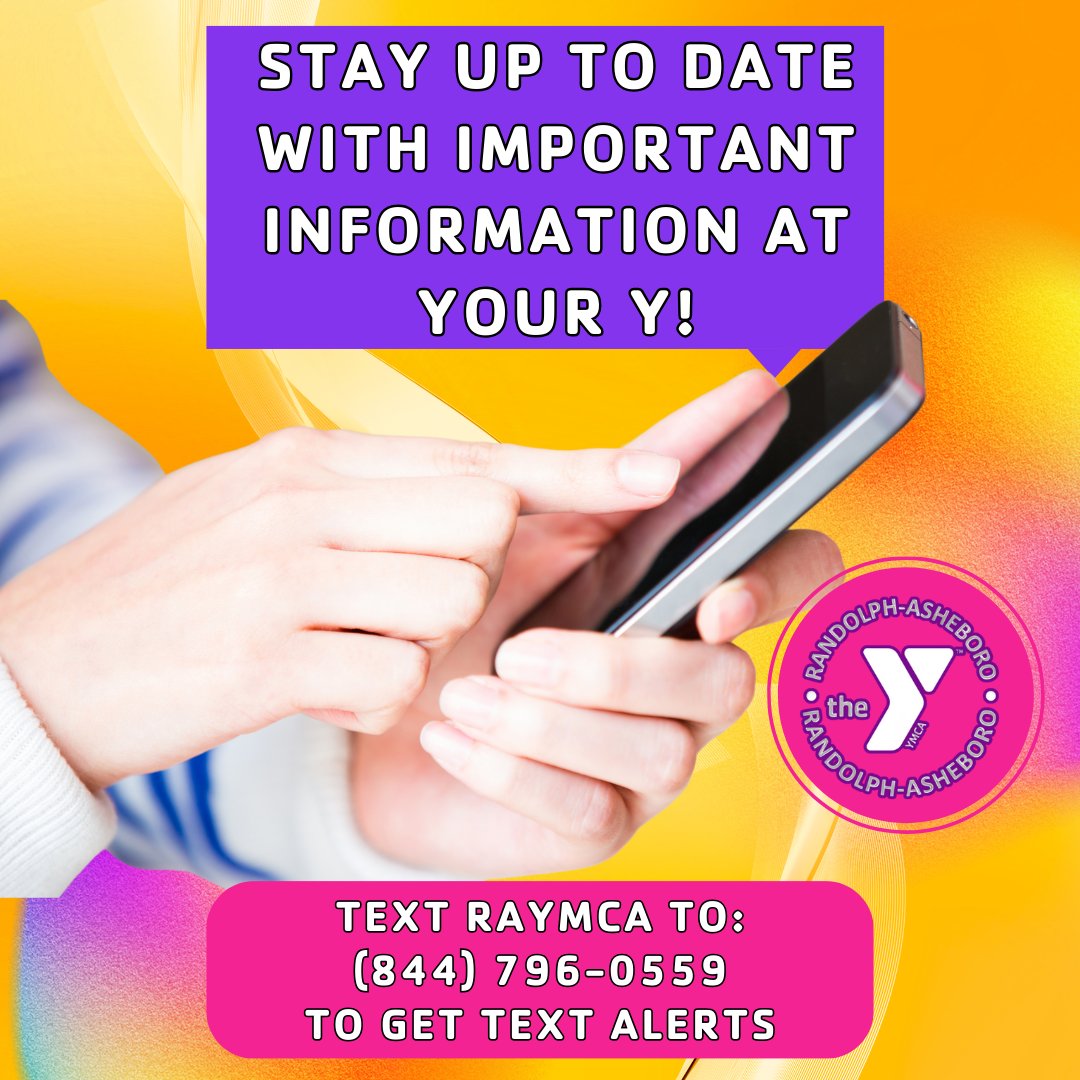Have you signed up? Stay updated on important information and monthly newsletters with text alerts from your Randolph-Asheboro YMCA! Text RAYMCA to (844) 796-0559 📲 #raymca #strongertogether #forabetterus #discoveryourY #findyourY