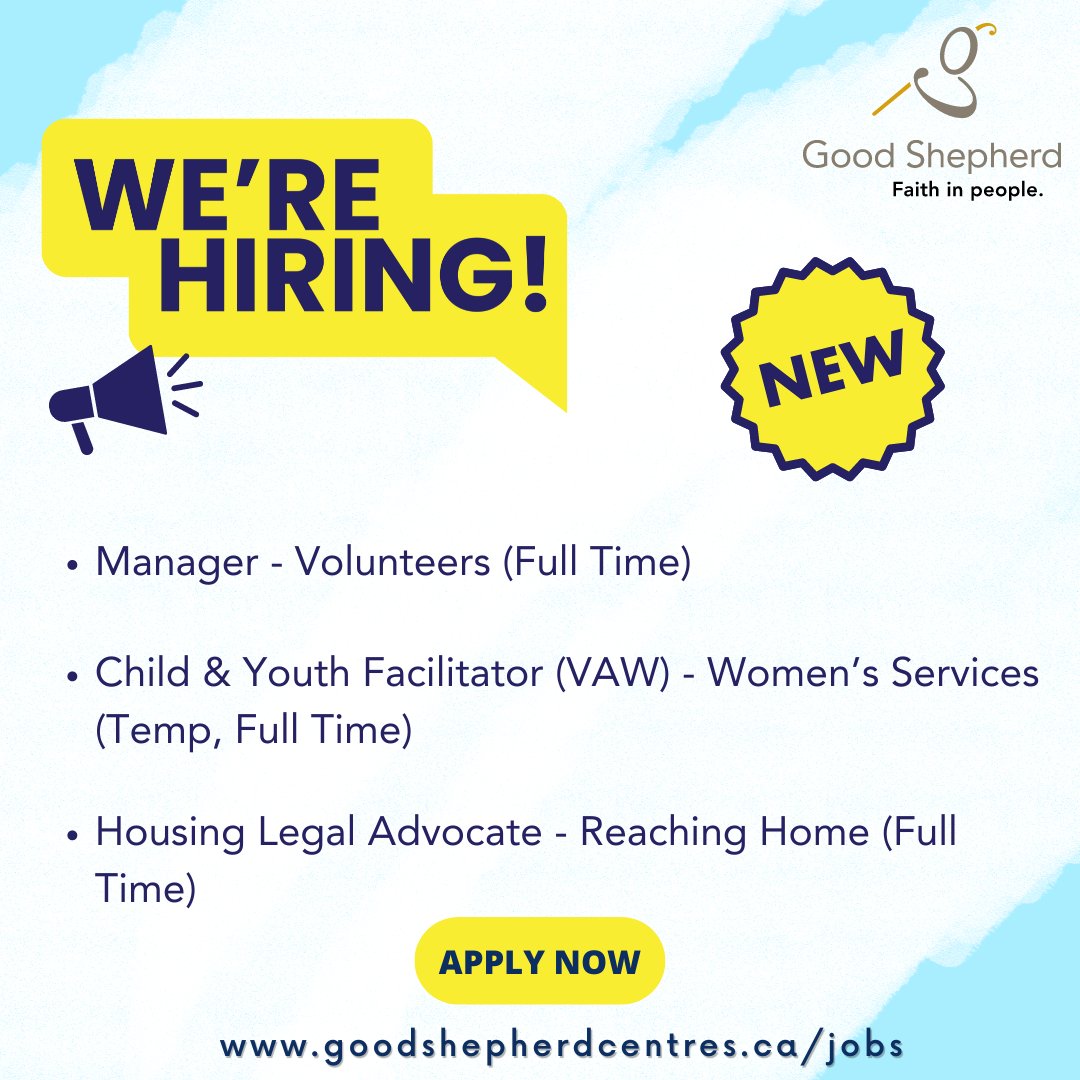 Join our team! New postings have been added to our website. For details visit goodshepherdcentres.ca/jobs