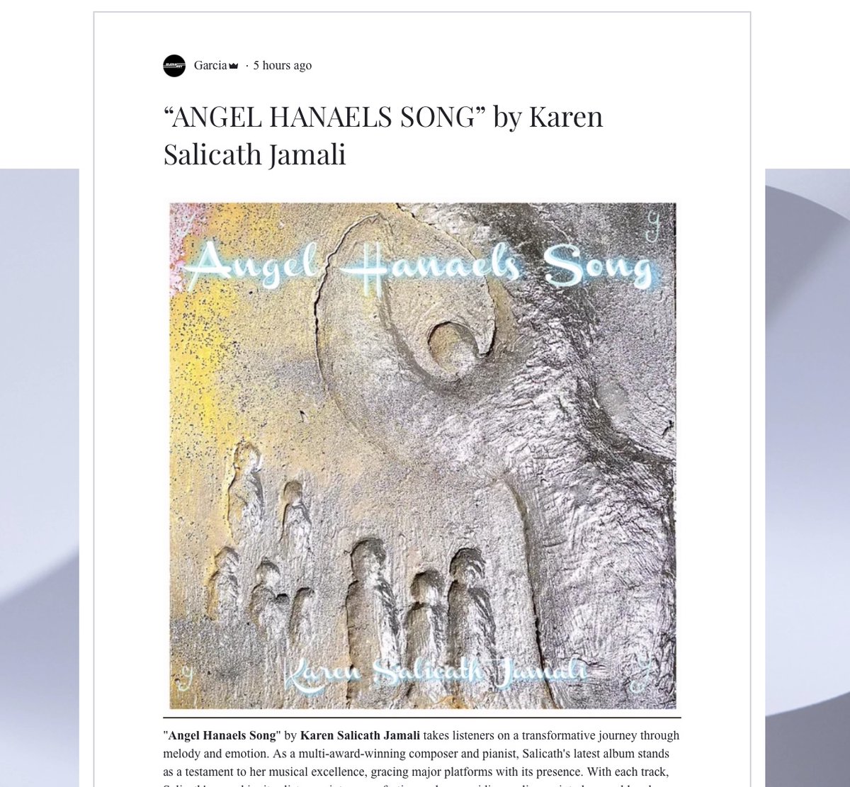 I'm so thankful for this new album review that came in today from Euphonoy Bolg . About my new album Angel Hanaels Song. Read it here:
euphonyblognet.com/post/angel-han…

#news #Album #review #Piano #classicalmusic #newagemusic #KarenSalicathjamali  #newmusic