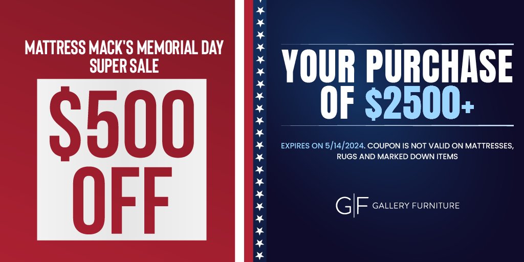 Claim your $500 OFF $2500+ coupon today at galleryfurniture.biz/44wGFwj and refresh your living space! Discover unbeatable Memorial Super Day Savings on a wide range of items! Act fast, this offer ends Tuesday, May 14 at 10PM CST. *Exclusions apply.