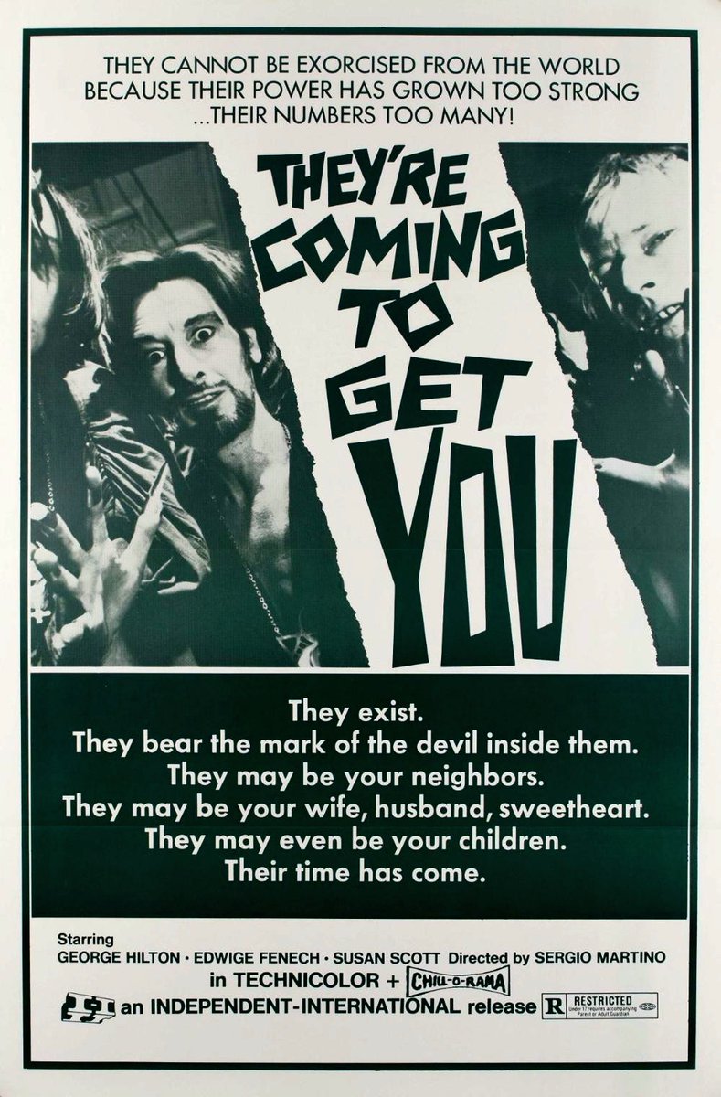 Talking taglines: 'They exist. They bear the mark of the devil inside them. They may be your neighbours. They may be your wife, husband, sweetheart. They may even be your children. Their time has come.' #AllTheColoursOfTheDark aka #TheyreComingToGetYou (1972 - #SergioMartino)