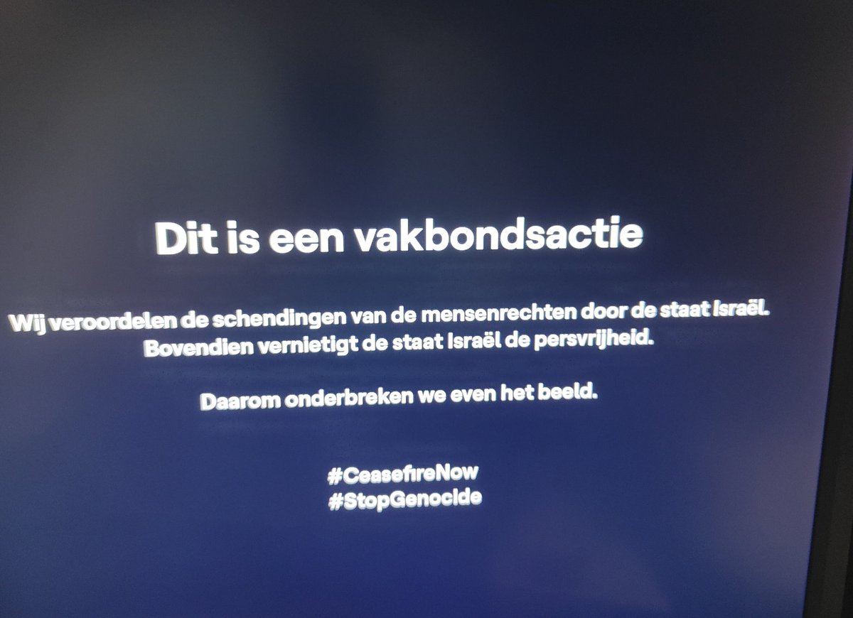 Belgian TV right before the start of Eurovision: 'We condemn the violations of the Israeli state. Israel is also destroying the freedom of the press. That's why we temporarily interrupt the screen.'