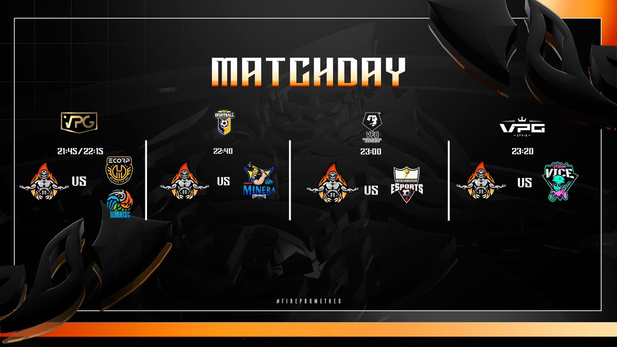 #MatchDay🔥 📆09/05/2024 🏆 @VPGPremier 🆚 @JAM_eSports/#elementsfc 🇬🇧 🕥 21:45h / 22:15h 🏆 @PLGeFootBall 🆚 @CMineraeSports 🕥 22:40h 🏆 @VFOspain 🆚 @CFCM_eSports 🕥 22:40h 🏆 @VPG_Spain 🆚 @VirtualViceEC 🕥 23:20 🖥️ Twitch.tv/PrometheoEspor… 🎙️ @RoberEsp #FirePrometheo