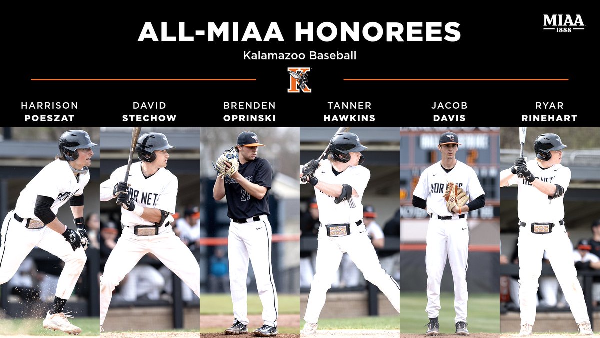 The @kzoobaseball team had six selections for the All-MIAA Teams, as Harrison Poeszat, David Stechow, Tanner Hawkins, and Brenden Oprinski were named to the first team! Jacob Davis and Ryar Rinehart were selected to the second team. #GoHornets Story: tinyurl.com/2za8yant