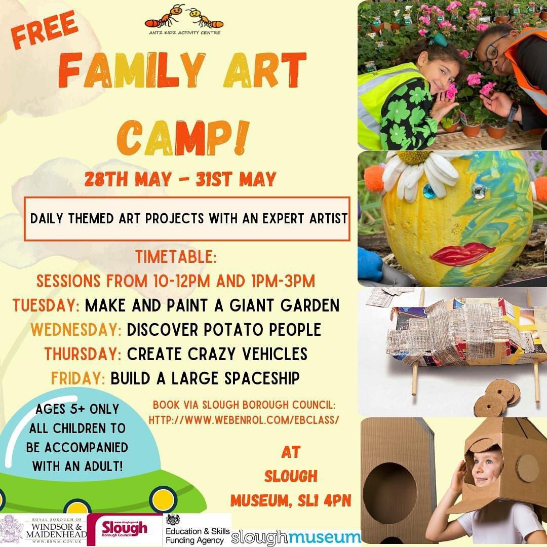 Enrolment Days for our May Half Term Family Art Camp is taking place from Tuesdays to Saturdays from 4.00pm to 6.00pm throughout May at Slough Museum, SL1 4PN! There are limited spaces. Book now to secure your place! FREE places available subject to eligibility 🤩