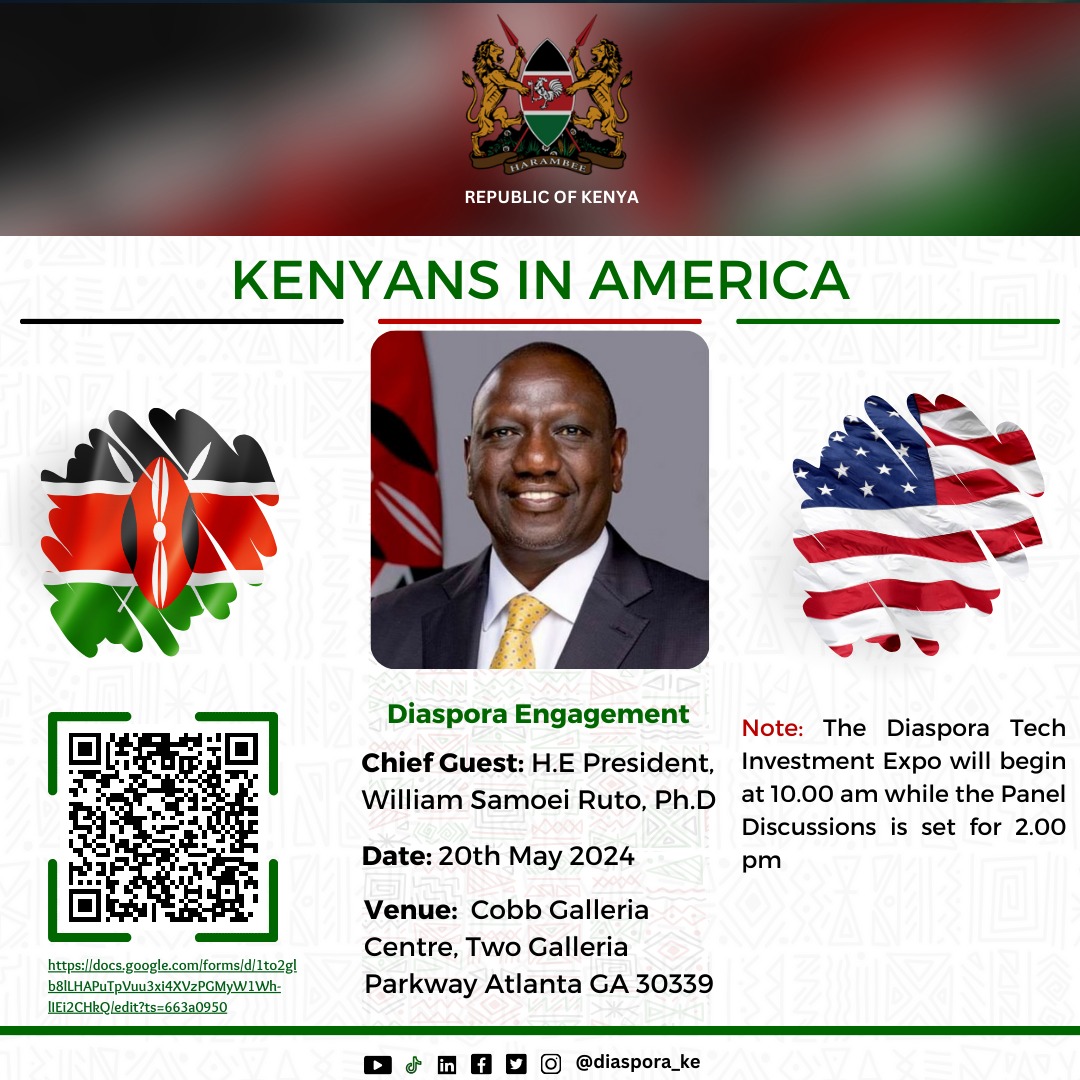 Atlanta are you ready?🇰🇪🇺🇸 Join H.E President @WilliamsRuto for a Diaspora Engagement in Atlanta, Georgia in the United States on 20th May 2024. #KenyaInTheUS To participate, register using this link: docs.google.com/forms/u/0/d/1t…