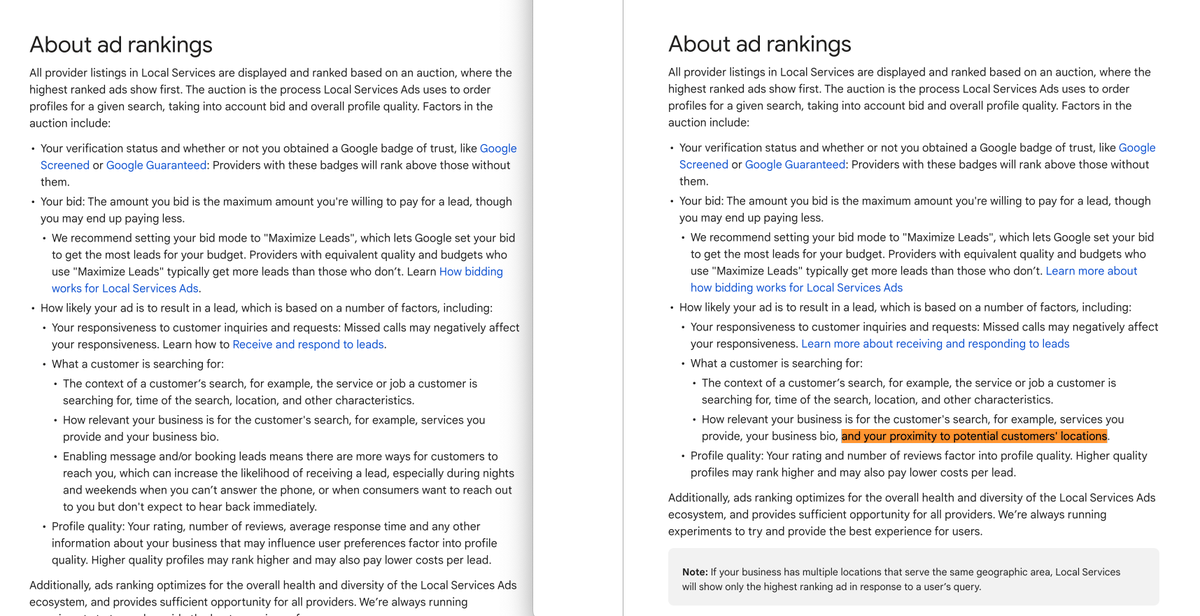 Google Local Service ads says proximity is a ranking factor for LSAs, but Google clarifies it was just a help doc change and location still does matter seroundtable.com/google-local-s…