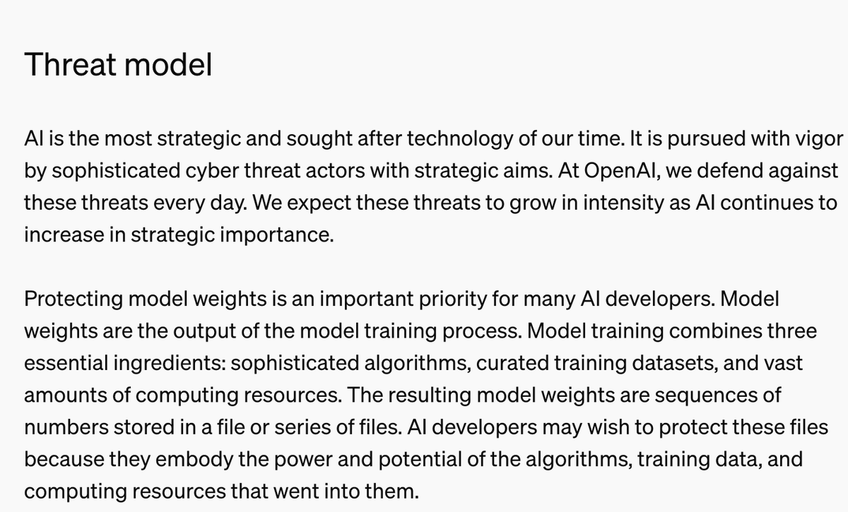 This is insanely funny!! OAI is proposing extreme security measures to lock down model weights...

On the one hand, several folks are arguing we should open-source LLMs....

On the other hand, secret closed labs like OAI are creating digital walled fortresses!

This totally…