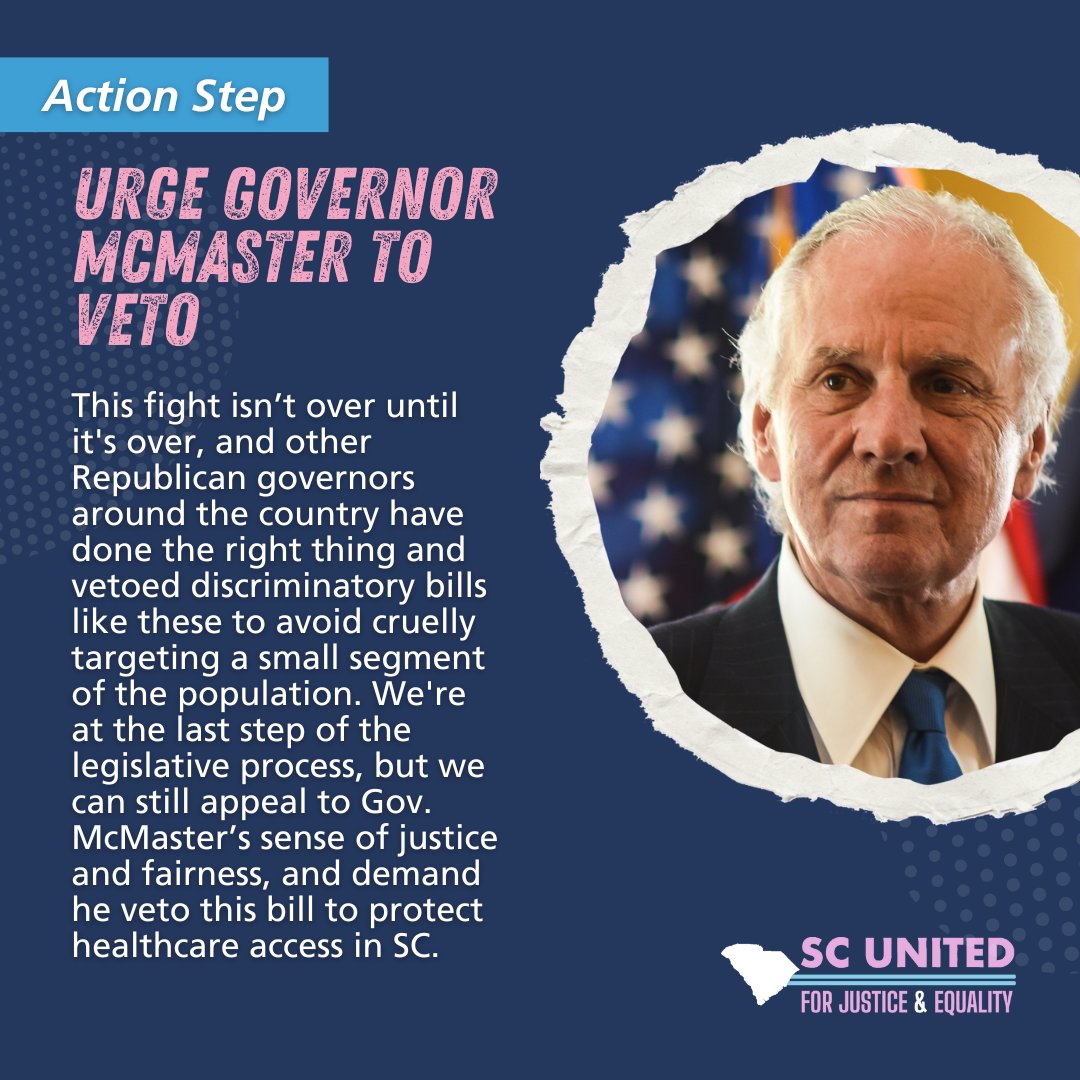 This is a grim day in South Carolina’s history. H. 4624, the Anti-Trans Healthcare Bill, has passed the legislature & now moves to Gov. McMaster’s desk for his signature. We are so sorry this is happening. Ask him to do the right thing & veto this bill: actionnetwork.org/letters/tell-s…