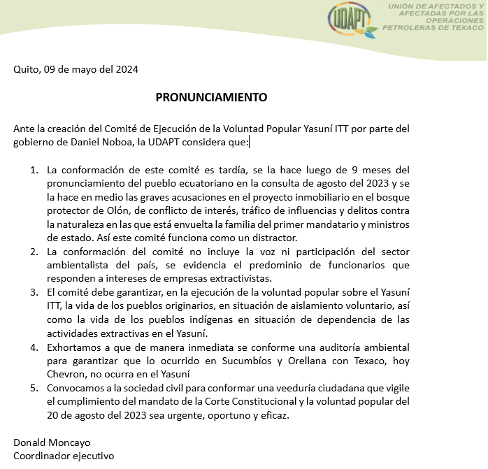 Pronunciamiento de la UDAPT en relación a la creación por parte del gobierno @DanielNoboaOk
del comité para desmontar bloque 43 Ishpingo-Tambococha-Tiputini, en el Yasuní
@CONAIE_Ecuador @AcEcologica
@cdes @DDHH_Alianza
@Yasunidos @QuitoSinMineria
@EntrepbsHarte
@AmigosTierraEsp