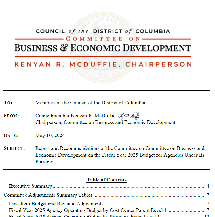 The Committee on Business and Economic Development has circulated its recommendations for the FY 2025 budget for agencies under its purview, for tomorrow's markup. You can read the report on our website under "Committee Documents," and it's available here: dccouncilbudget.com/s/DRAFT-CBED-F…