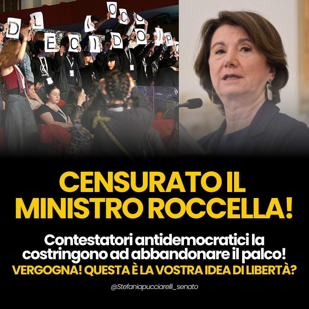 La mia solidarietà al Ministro Roccella per quanto avvenuto agli Stati Generali della Natalità, costretta ad abbandonare il palco per colpa di contestatori antidemocratici che le hanno impedito di parlare. Vergognatevi, questa è la vostra idea di democrazia?