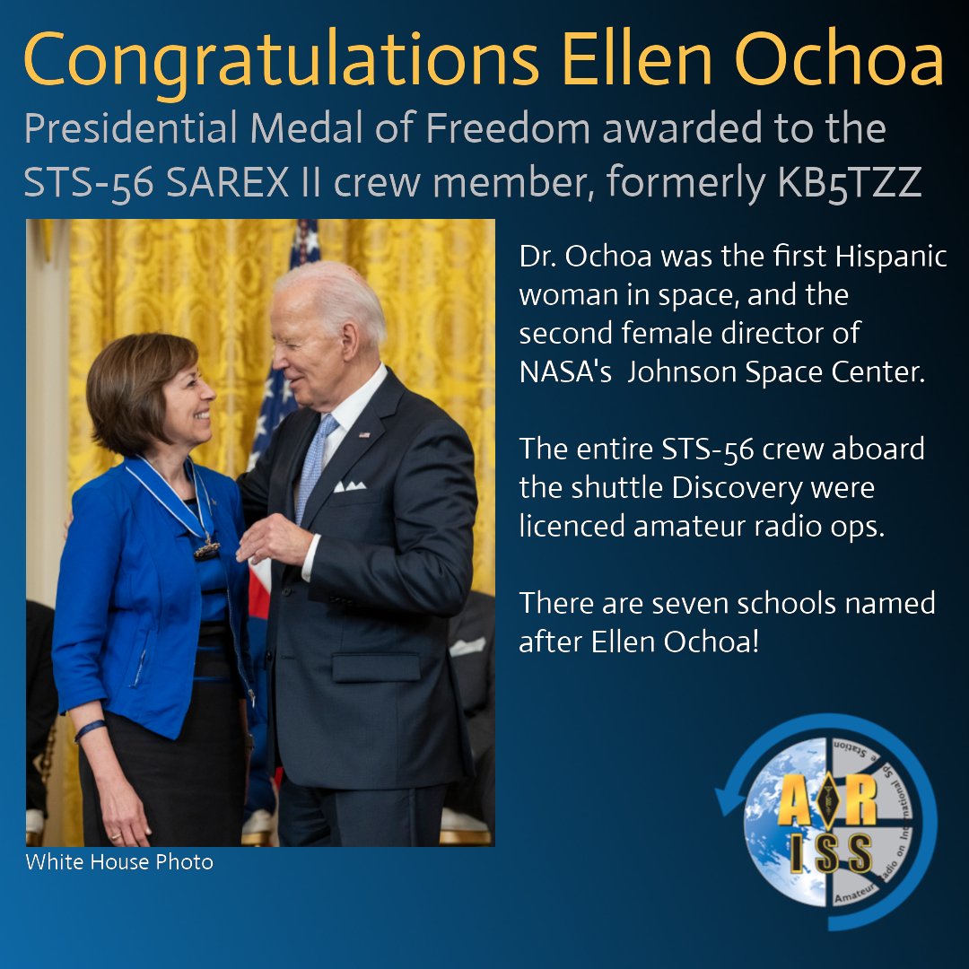 The ARISS community is excited to hear Dr. Ellen Ochoa has received the Presidential Medal of Freedom. The former KB5TZZ #HamRadio operator received the award last week. Read More: nasa.gov/news-release/f…