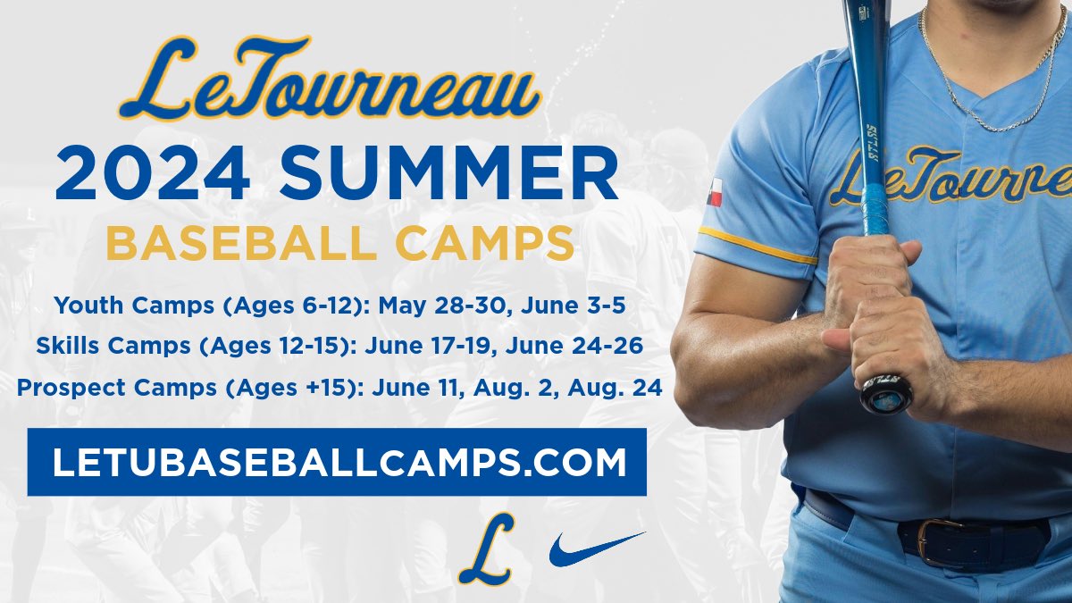 🚨 SUMMER CAMP DATES 🚨 Register now for our summer baseball camps hosted by the LETU Baseball Coaching Staff! All camps will take place at Conrad-Vernon Field. Dates are listed in the graphic below! Sign-Up: letubaseballcamps.com #LETUElectricFactory ⚡️ #YellowJacketFamily