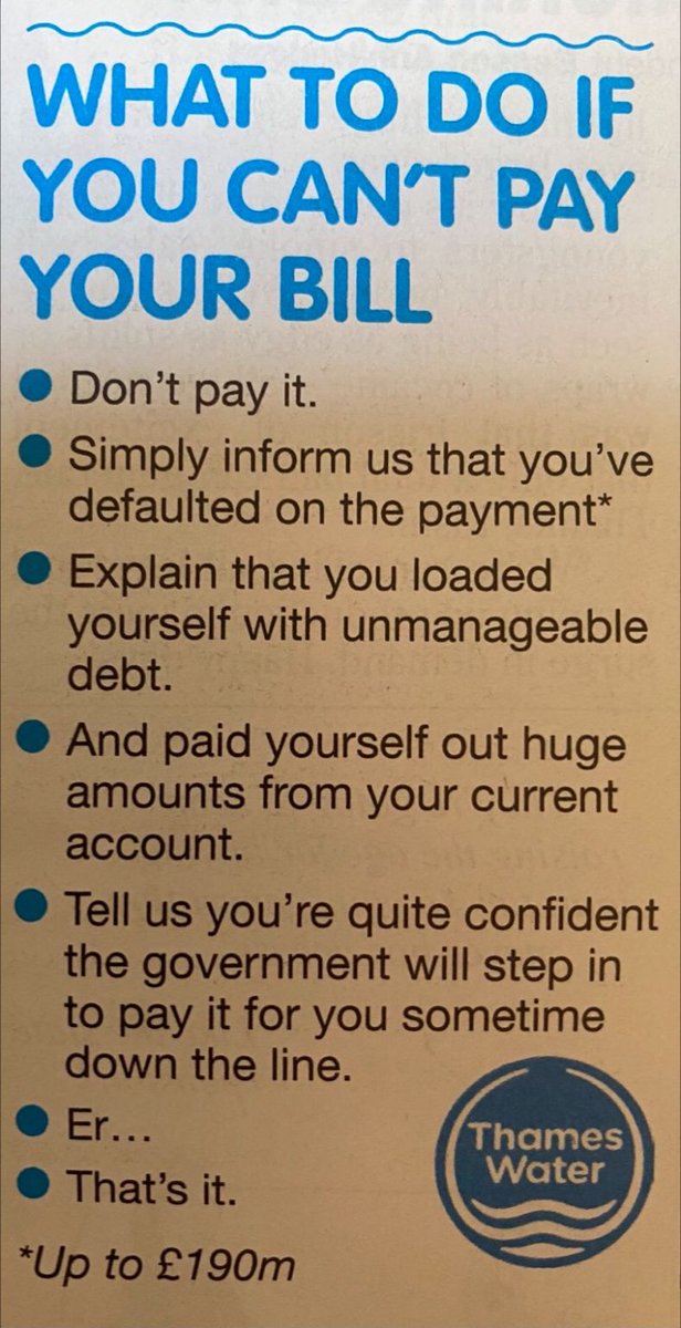 Brilliance from Private Eye Magazine……..can’t pay, won’t pay, got shareholders to pay……! Your guide to not paying water bills everywhere………hashtag#sewagescandal hashtag#sickofsewage