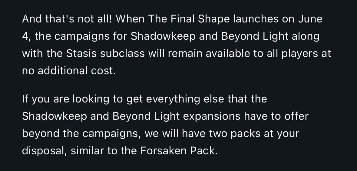 Bungie is making Shadowkeep and Beyond Light campaigns free* but also Stasis

The caveat being they’re doing Forsaken pack-like stuff for them but I mean, that’s still really good at baseline. About time 

Again, pulling out every stop they can right now