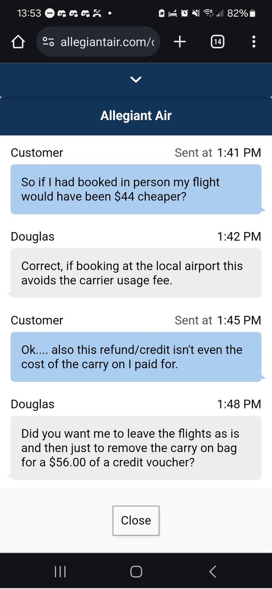 jebs317's tweet photo. @Allegiant 
I had inquiries about canceling my trip. This was my interaction. I'm just trying to figure out what I'm paying for? https://t.co/J1EJZIMjUC