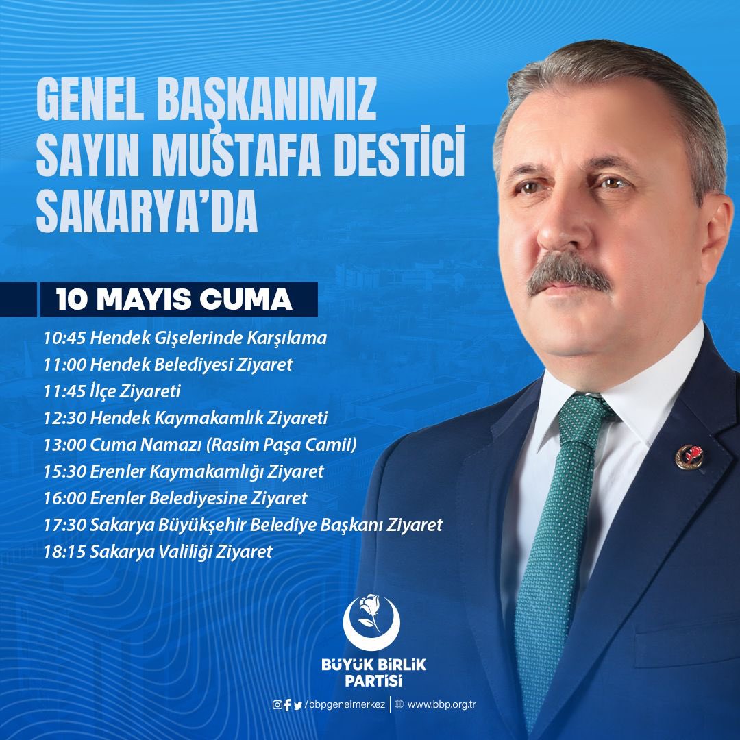 Genel Başkanımız Sayın @Mustafa_Destici, 10 Mayıs Cuma günü, yerel seçimlerde belediye yönetimlerini Büyük Birlik Partisi'ne emanet eden Sakarya Hendek ve Erenler'de vatandaşlarımızla buluşmaya geliyor.