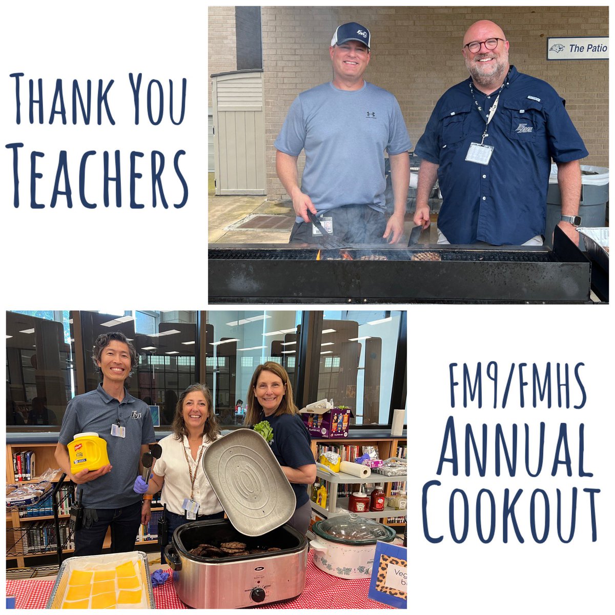 One of the BEST DAYS of the year … Mr. Brown & Mr. Russell grilling up lunch for FM9/FMHS teachers & staff! #TeacherAppreciationWeek @FlowerMoundHS