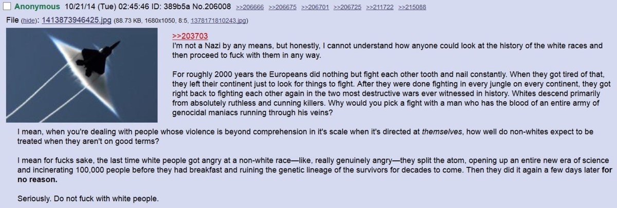 “Do not fuck with white people”

Anon gives some advice on 4chan. 

#4chan