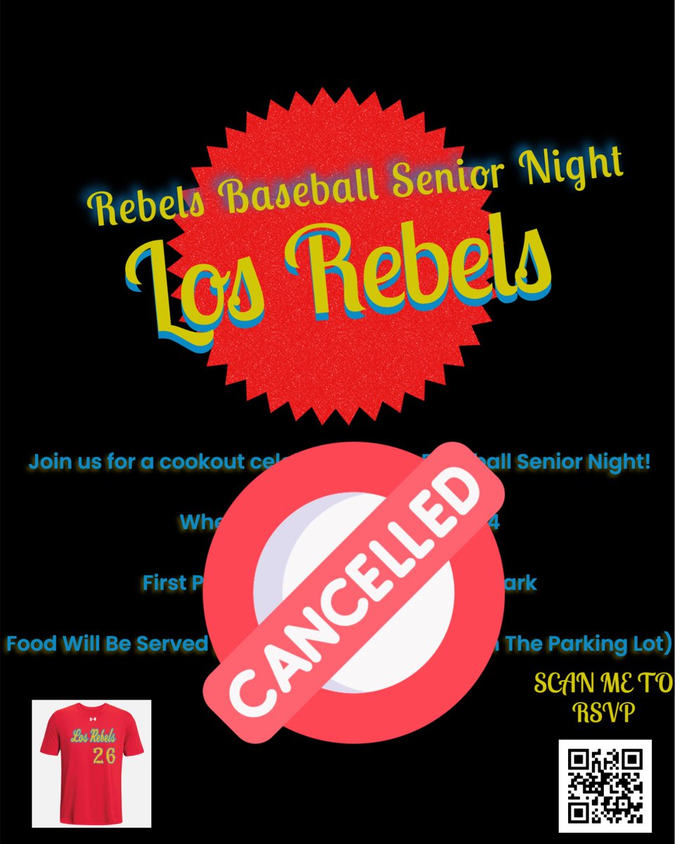 Unfortunately, due to the weather and unplayable field conditions, we will have to cancel tonight's Los Rebels Senior Night Event vs Elmwood Park. The makeup date is now scheduled for Tuesday May 14 at Ridgewood at 4:30pm. #GoRebels