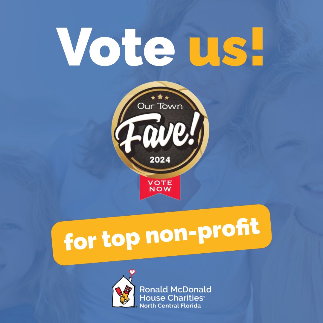 Support RMHCNCF in the 2024 Our Town Favorites Community Choice Awards! Your vote could make us Gainesville's top non-profit. Vote by May 12 for round one here: bit.ly/OurTownCulture…. Thank you for keeping families close! #KeepingFamiliesClose #forRMHC