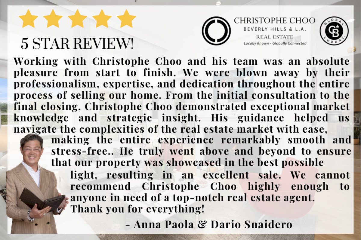 🌟🏡 **Heartfelt Thanks to My Wonderful Clients!** Thank you once again for choosing me as your real estate partner. 🎊🍾

#GratefulRealtor #ClientAppreciation #5StarExperience #LuxuryRealEstate #BeverlyHillsHomes #ChristopheChooRealEstate #topagent #bestrealtor #wantchoo 

—