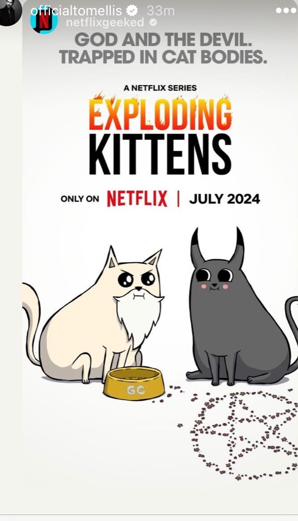 Posted by God himself @tomellis17 when he says it’s official it’s official #ExplodingKittens #Netflix strange typing posted by God instead of the devil but this God is definitely a bit devilish #TomEllis