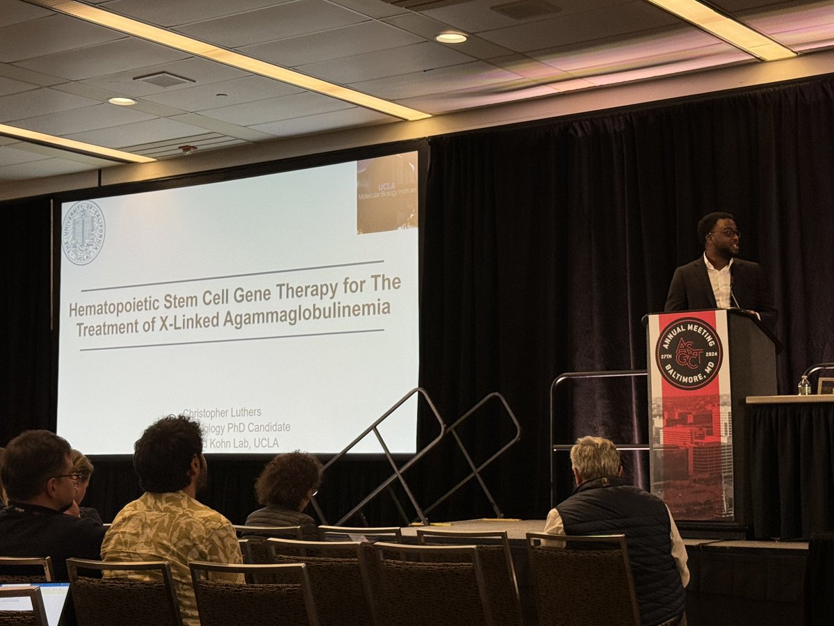 The Kohn Lab UCLA (@kohn_lab) on Twitter photo <a href="/C_Luthers31/">Chris Luthers</a> presents his work where he is investigating our site-specific gene integration strategy on X-linked agammaglobulinemia (XLA) using a murine XLA-disease model. #ASGCT2024 <a href="/C_Luthers31/">Chris Luthers</a> presents his work where he is investigating our site-specific gene integration strategy on X-linked agammaglobulinemia (XLA) using a murine XLA-disease model. #ASGCT2024