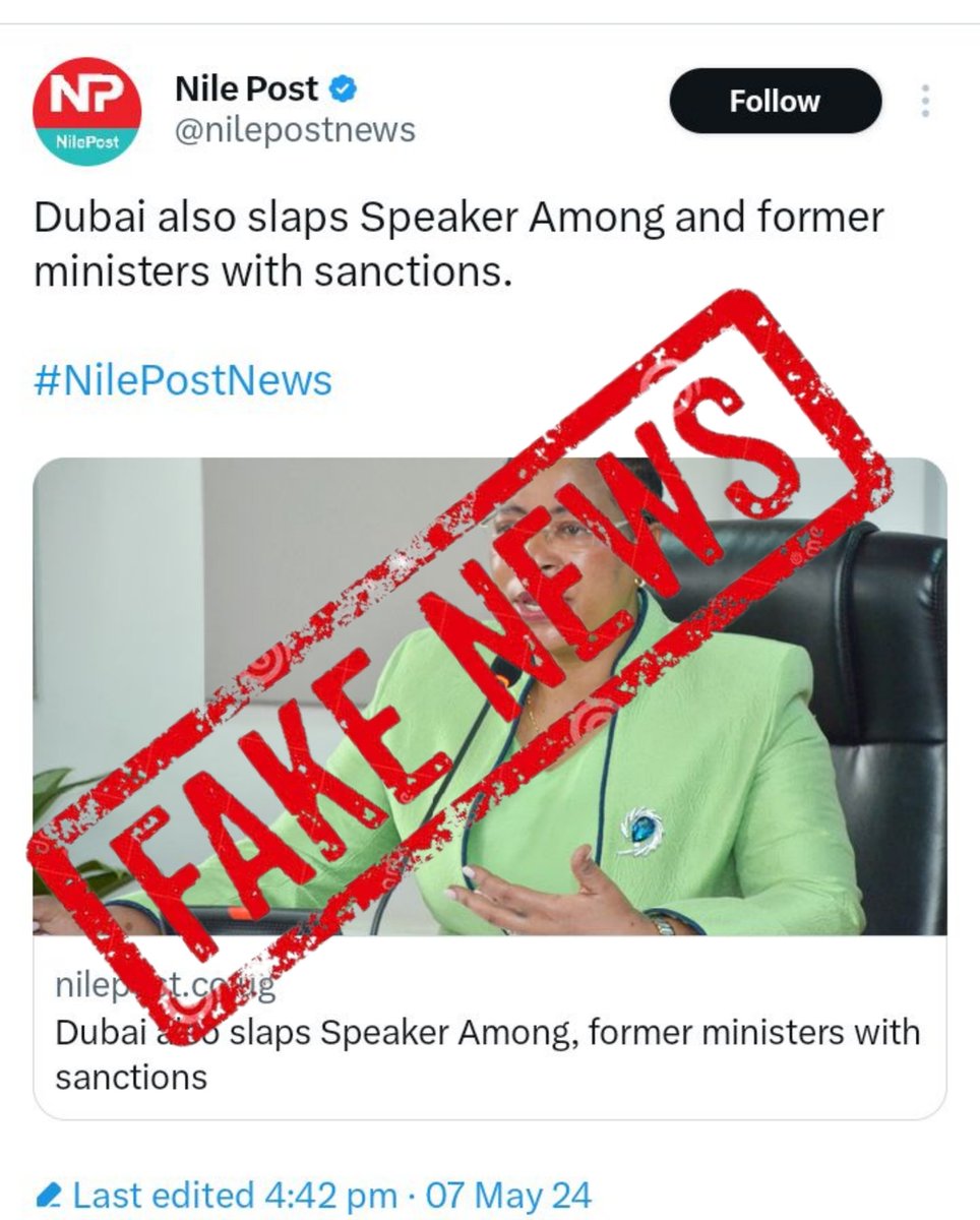 Contrary to a recent tweet by @nilepostnews Dubai has not imposed sanctions on @AnitahAmong , this false and misleading report is a clear example of irresponsible journalism, falling short of ethical standards. Nile Post shud retract their statement and issue an apology.