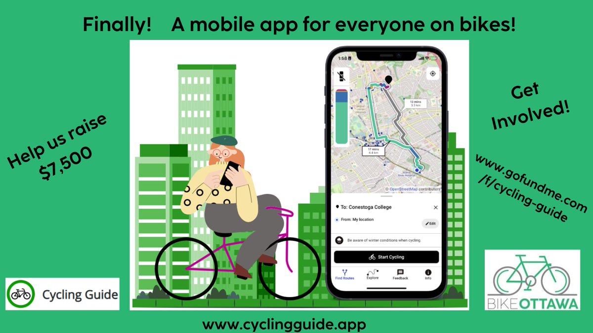 Help Bike Ottawa to raise $7,500 to launch Ottawa's first mobile cycling app that works for everyone! 🚲   gofundme.com/f/cycling-guide #ottbike #Ottawa