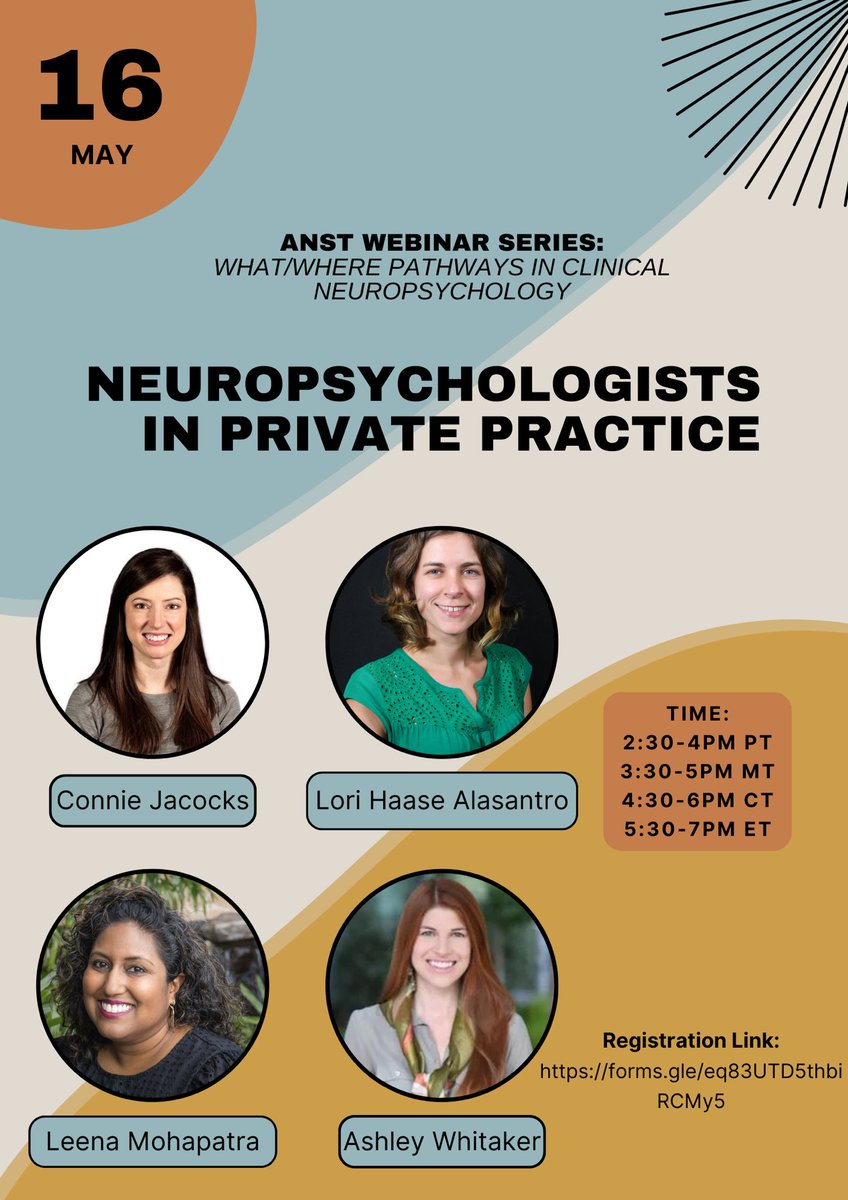 Ever wondered what it's like to start a full time private practice, join a larger one, or maintain a small practice on the side? Panelists will discuss this neuropsychology career path on THURSDAY MAY 16th at 4:30pm CT. See graphic for details & register by 5/15!