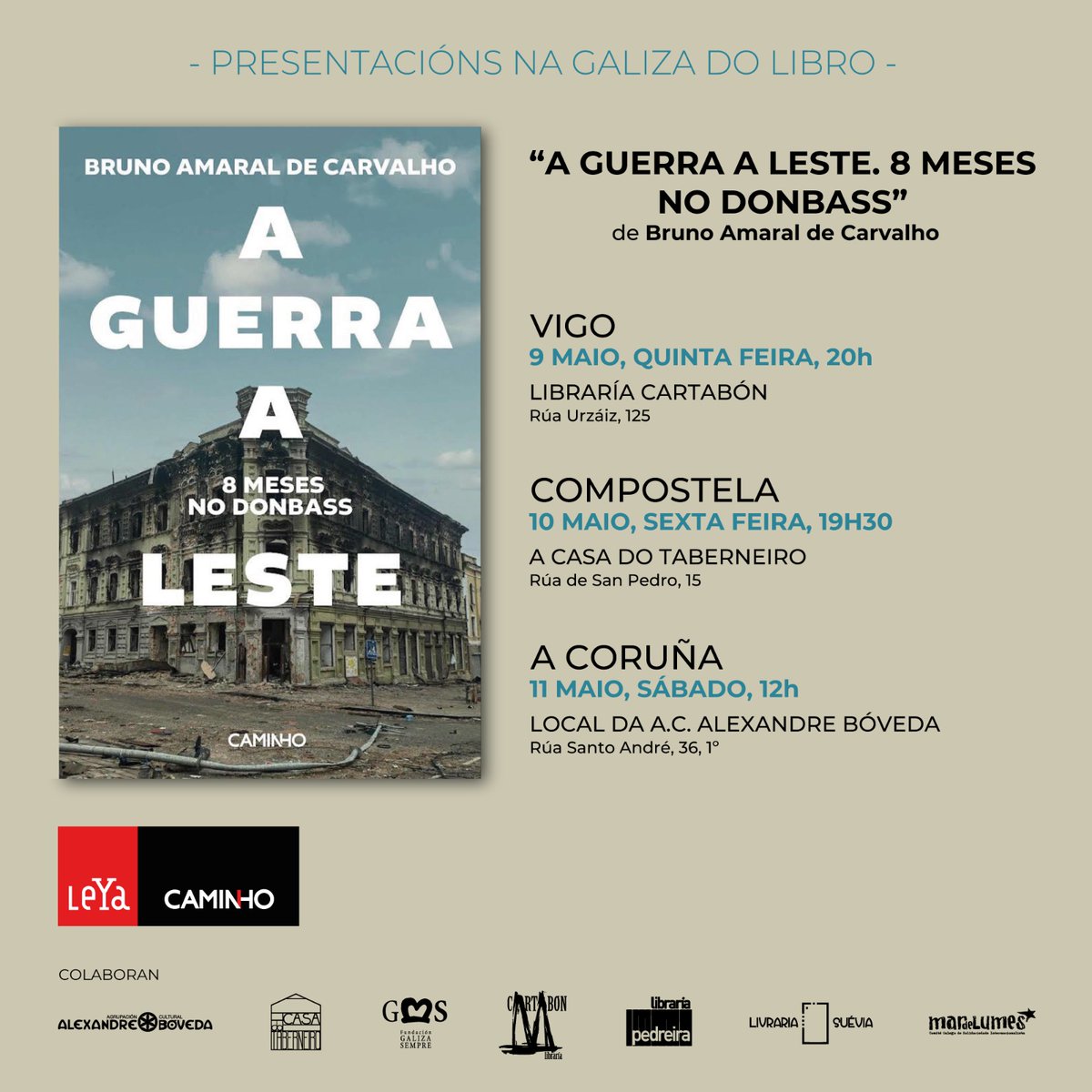 📢 Presentación de 'A Guerra a Leste. 8 meses no Donbass', o primeiro libro do xornalista Bruno Amaral de Carvalho no que relata as súas experiencias como xornalista de guerra no Donbass, onde, durante oito meses acompañou o conflito ucraíno. 🗓️ Sábado 11 ⏰12h Vide acompañarnos!