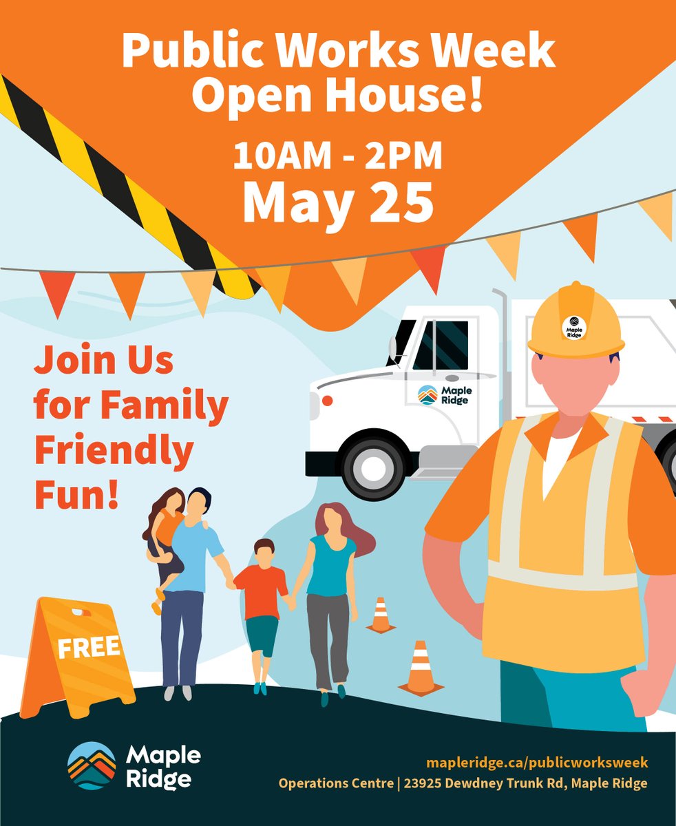Come out to the Public Works Week Open House!
📅 May 25 | 10 AM - 2 PM 📍 City Operations Centre - 23925 Dewdney Trunk Rd. FREE fun:🖌️ Paint snowplows🪴 Garden tips🚛 Truck displays🎨 Kids’ activities🌭 BBQ 📸 Photo booth🎶 Music & giveaways.➡️mapleridge.ca/publicworksweek #NPWW