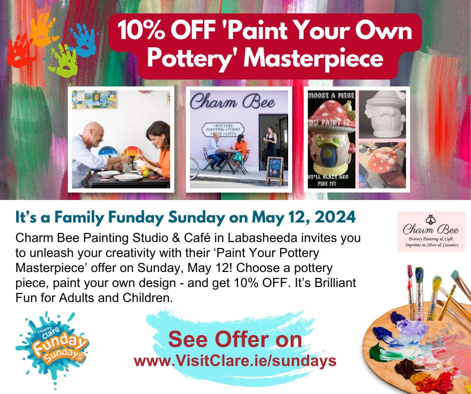 Funday Sunday ‘Paint Your Own Pottery’ at Charm Bee Painting Studio and Café 💛💙 Unleash your creativity, choose a piece, paint your own design, transform it into a beautiful piece. Fun for all the family! For this & more offers visitclare.ie/Sundays/