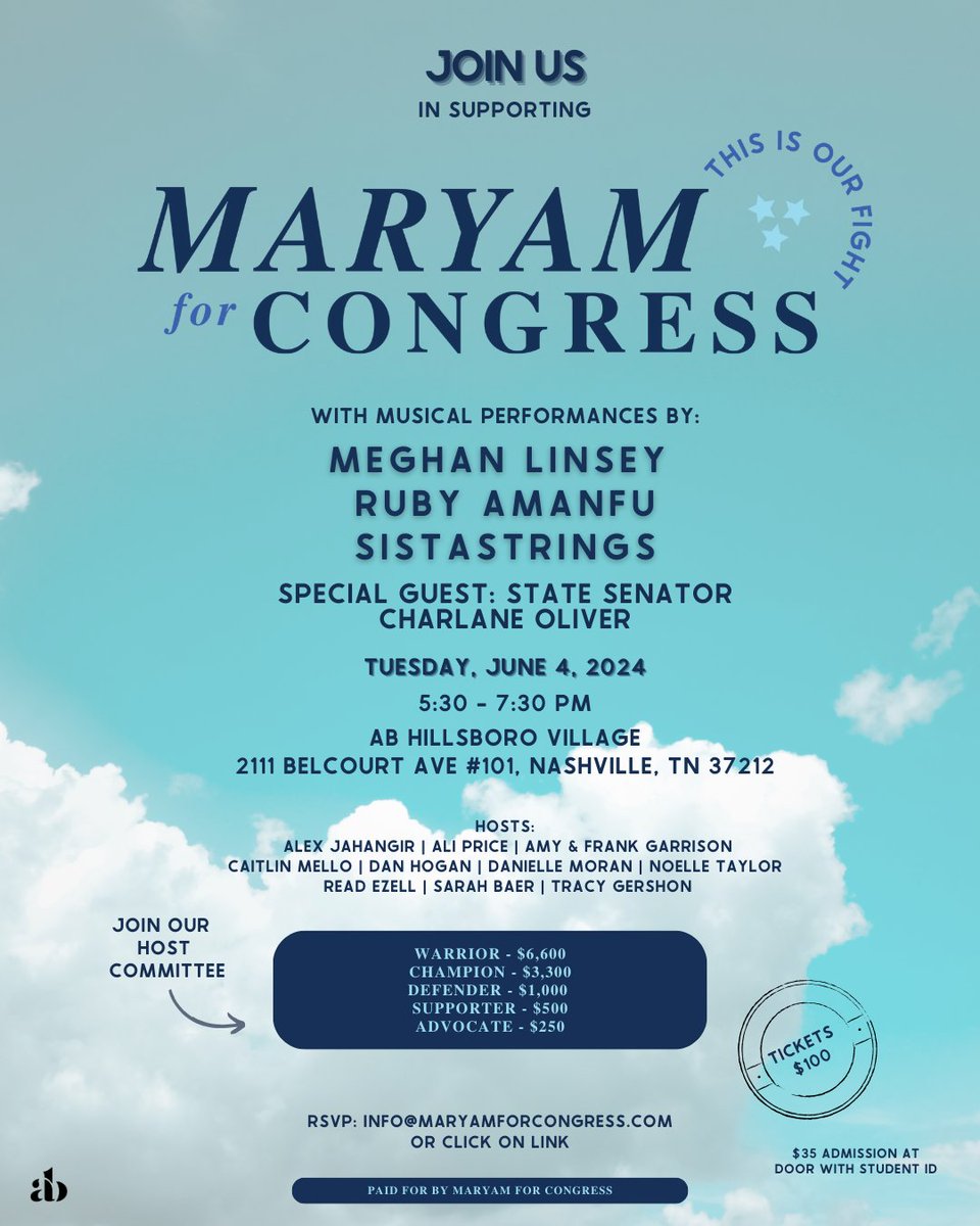 Please join our host committee for this amazing night with @RubyAmanfu, @meghanlinsey, @CharlaneOliver, and SistaStrings at @anzieblue. 
Discounted student tickets at the door!
secure.actblue.com/donate/maryamab