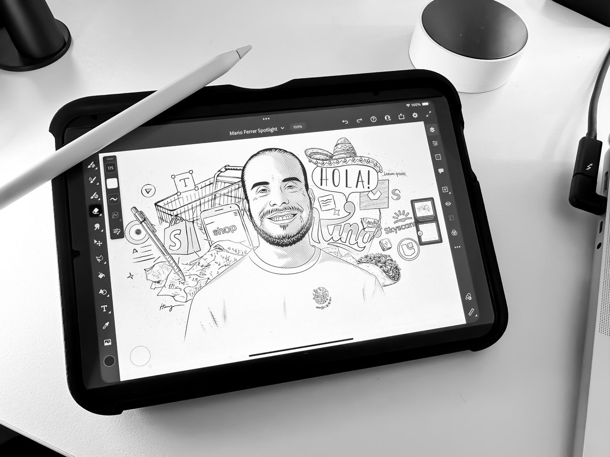 I snapped this yesterday during my iPad Mini drawing final touching for a <a href="/PunktHQ/">PunktHQ</a> Spotlight interview featuring Mario Ferrer, Staff Content Design at <a href="/Shopify/">Shopify</a>.
Don’t miss the interview: punkt.co/journal/mario-…