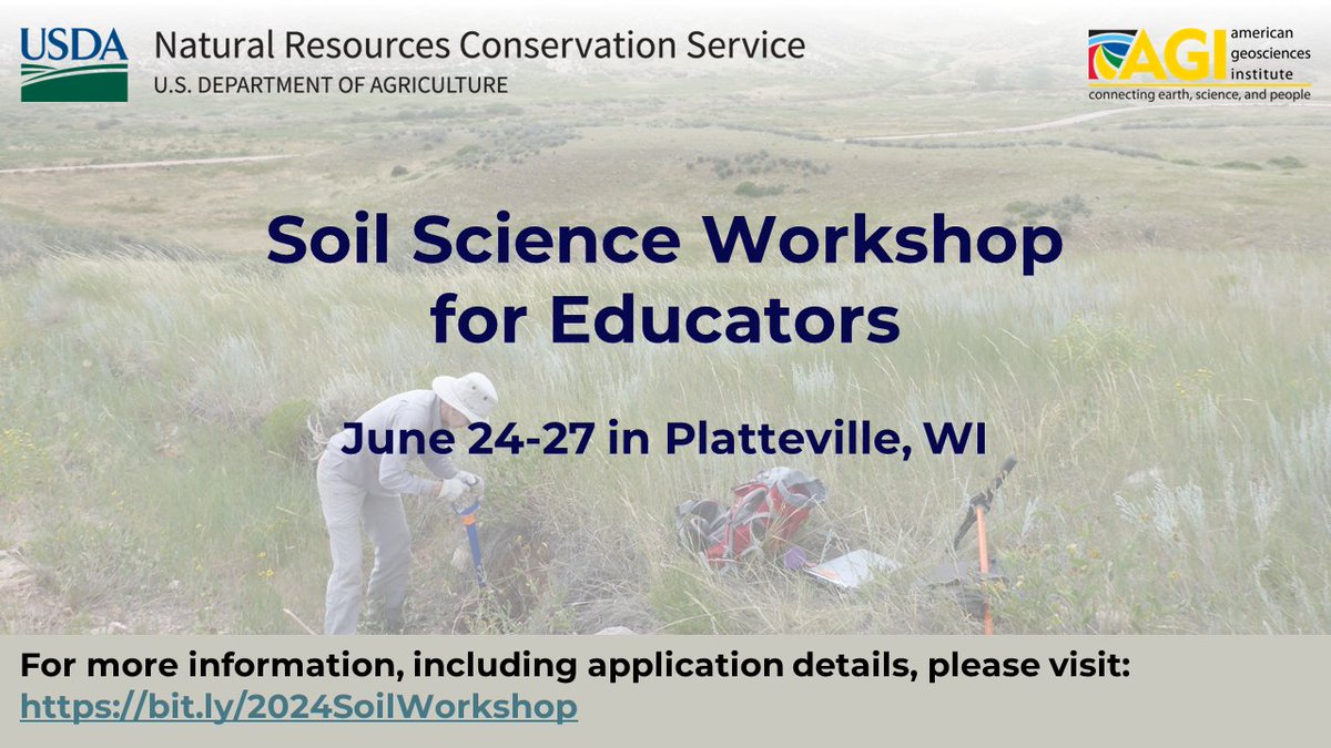 Middle & high school science teachers: Apply now for the Soil Science Workshop for Educators. Join AGI and @USDA_NRCS for a #workshop on #soil #science and its integration into standards-based curricula. Cost reimbursement available. Learn more and apply: bit.ly/2024SoilWorksh…