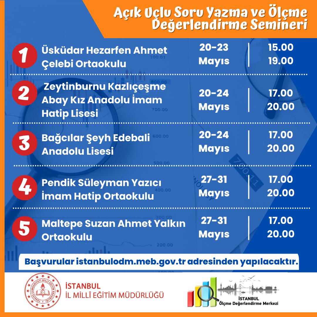 🔸 Öğretmenlerimize yönelik düzenlenen 'Açık Uçlu Soru Yazma ve Ölçme Değerlendirme Seminerleri' başvuruları devam ediyor. 📆 Son Başvuru Tarihi: 12 Mayıs 2024 🔗 istanbulodm.meb.gov.tr @tcmeb @Yusuf__Tekin @MucahitYentur