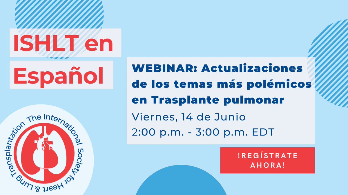 El próximo mes, #ISHLTenEspañol realizará un seminario web sobre los temas más controvertidos en trasplante de pulmón. 📚🫁 El evento es totalmente gratuito y todos son bienvenidos a participar. ▶️ Obtenga más información y regístrese en 🔗 bit.ly/4afpyAc #LungTx