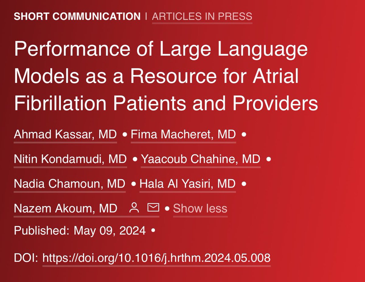 1/2 🚨How effectively do large language models assist in atrial fibrillation care? Dive into our latest findings published in the @hrs_journal. Read more here: doi.org/10.1016/j.hrth… @FimaMDMS @YaacoubC @nadiachamoun @MdYasiri @NazemAkoum @UWMedicine @UWMedHeart