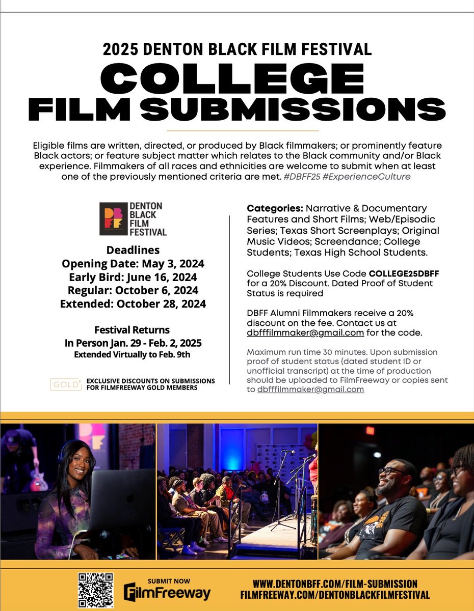 MediaArtsFest's tweet photo. Festival submissions for the Denton Black Film Festival are now open and students are encouraged to submit work! Read the flyer to learn more about eligibility and categories.
@DentonBFF https://t.co/Rd9kIa15n8